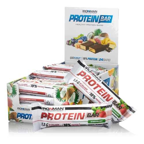 Батончик IRONMAN Protein Bar с коллагеном, 50г (Клубника/белая глазурь)(24 шт) в Спортландия