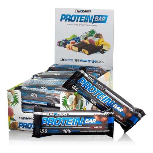 Батончик IRONMAN Protein Bar с коллагеном, 50г (Кокос/тёмная глазурь)(24 шт) в Спортландия